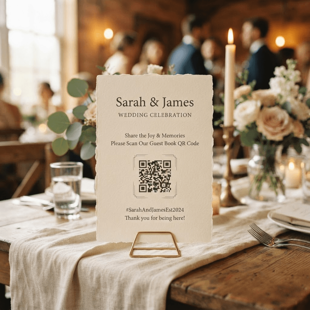 A printed QR code table card at an event that guests scan to join the shared album